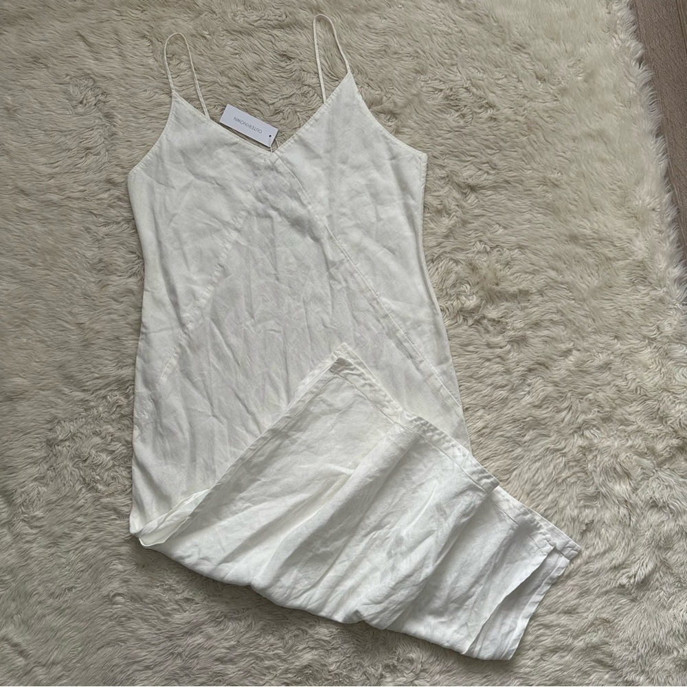 Outerknown Dress 100% Linen Maxi Sleeveless V-neck Side Slits White Sz L NWT New